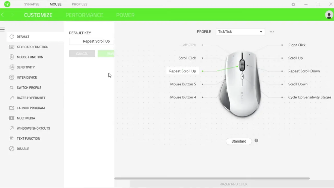 Razer software interface showing mouse settings and customization menu