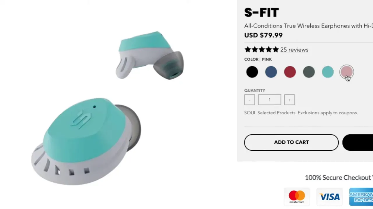 Soul S-FIT wireless earbuds color options displayed on a product page