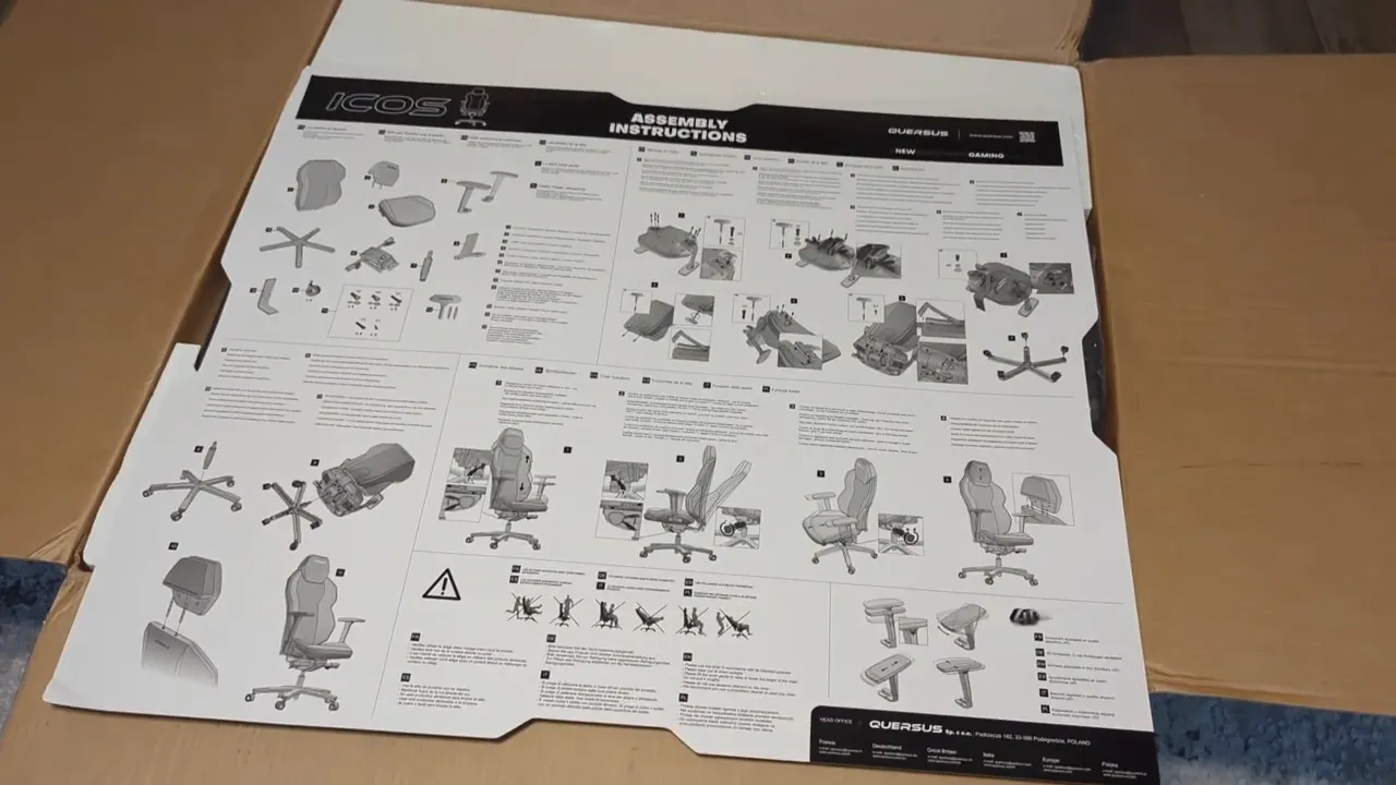 Unfolded Quersus ICOS assembly instructions laid on top of the box