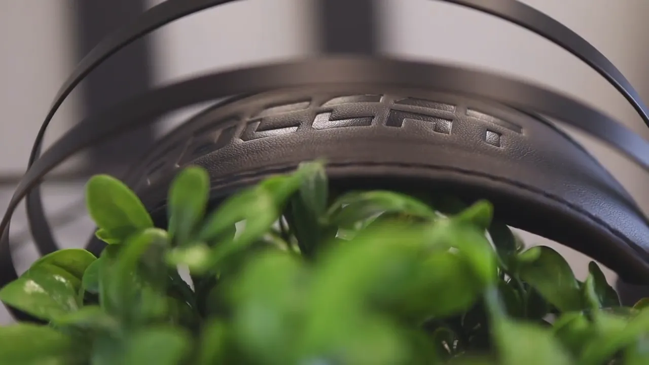 Close-up of the headset headband with embossed Roccat branding above green leaves