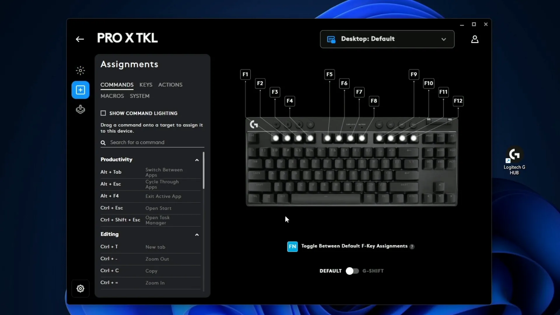 Assignment tab with custom shortcuts