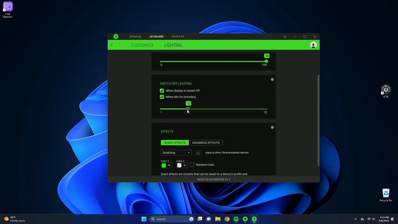 Lighting tab showing brightness and switch-off options