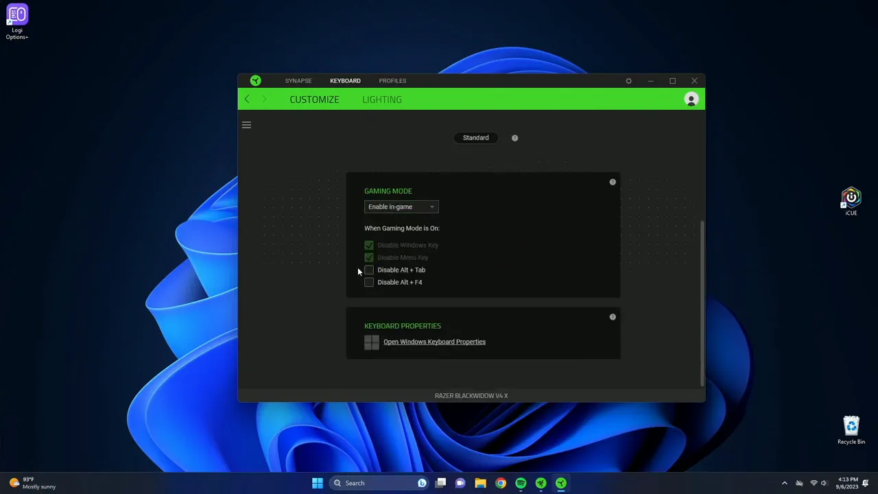 Gaming mode settings to disable Windows and other keys