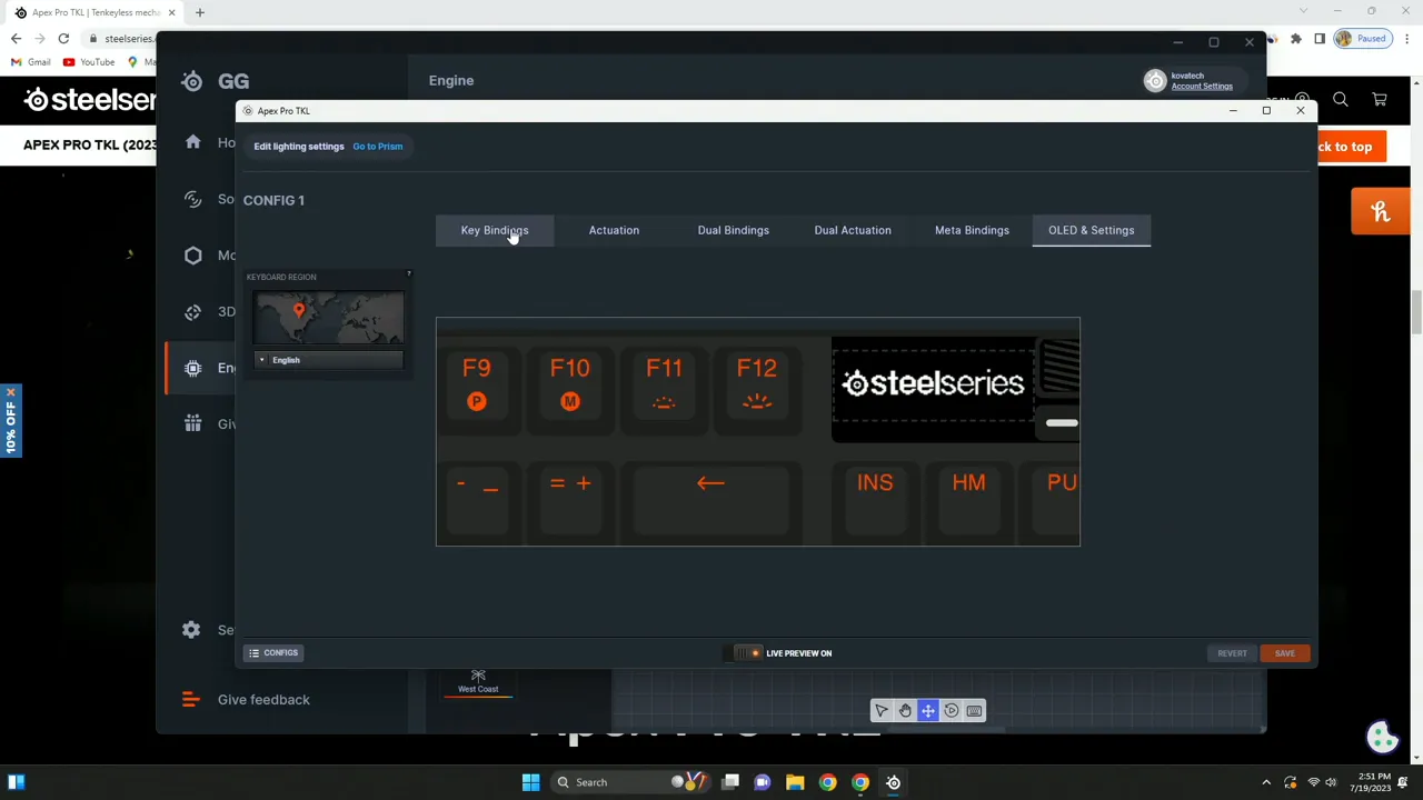 SteelSeries software lighting and actuation settings