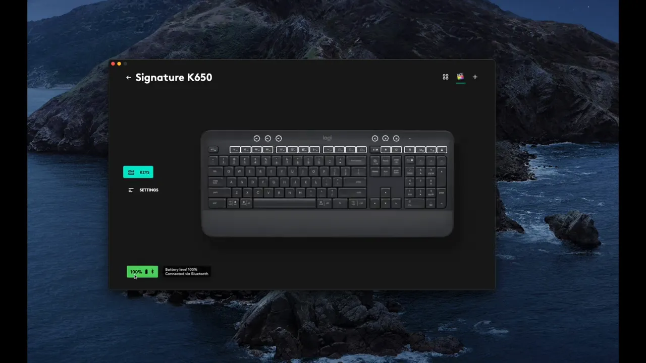 Logi Options+ app window displaying the Signature K650 keyboard with a 100% battery indicator in the corner.