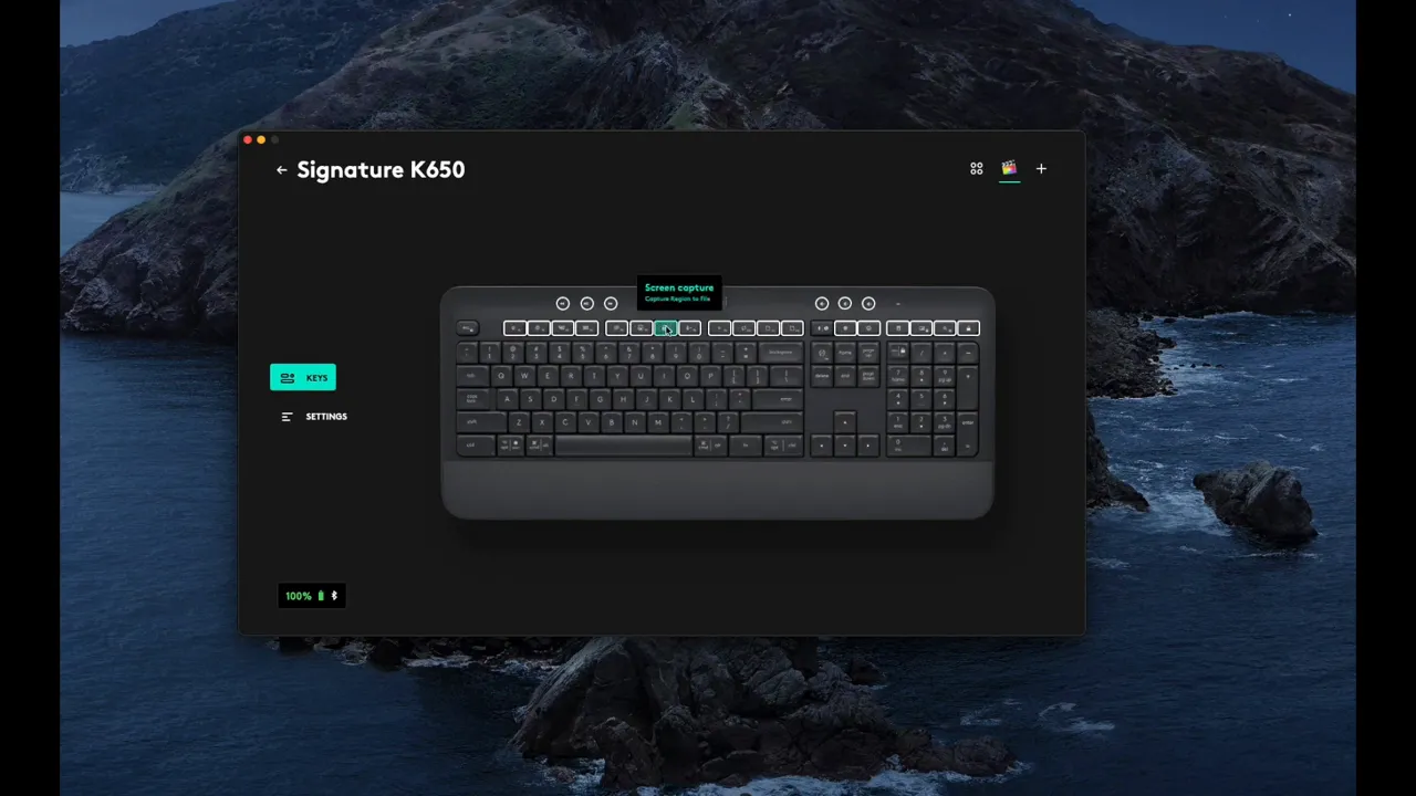 Logi Options+ with Signature K650 and tooltip 'Screen capture' over a top-row key