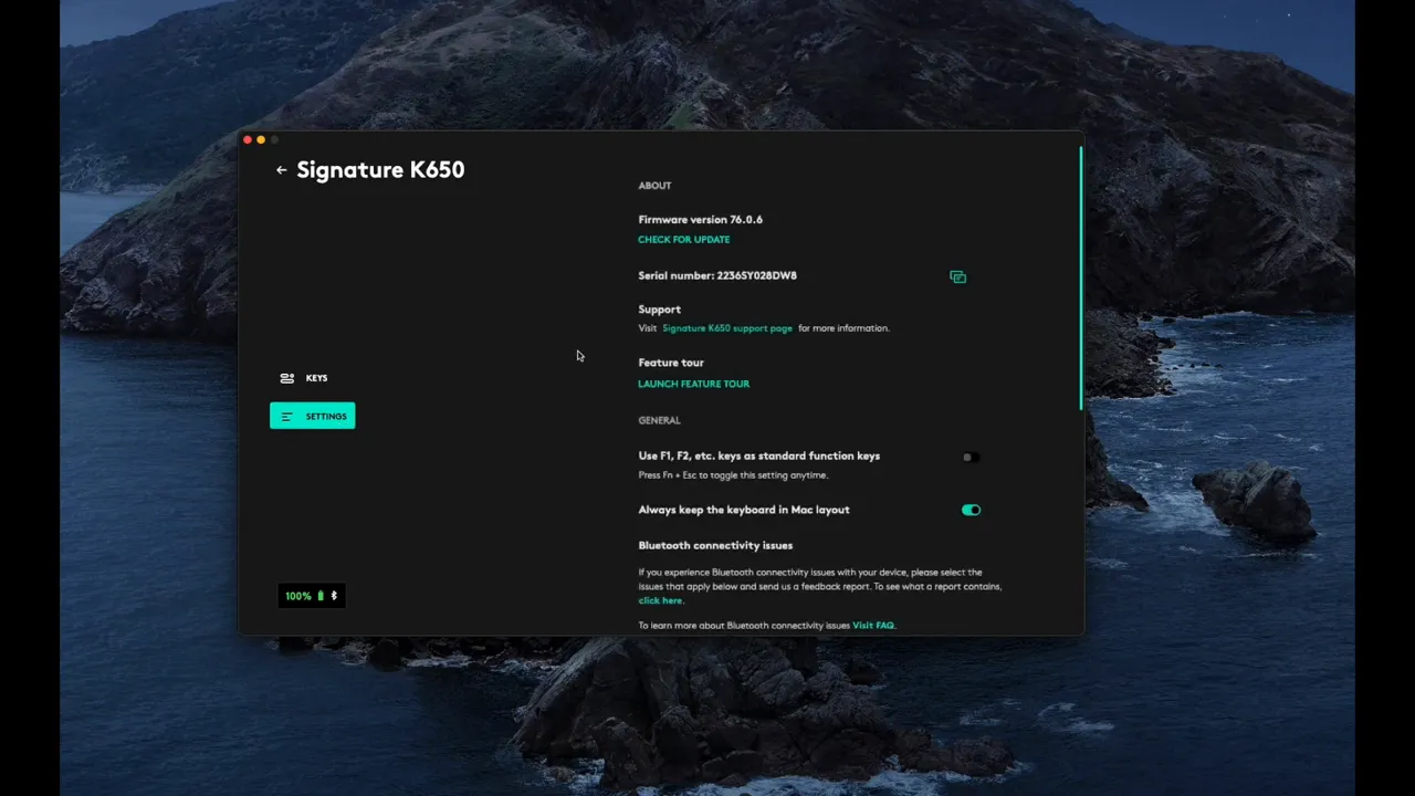 Logi Options+ Settings panel for Signature K650 showing F1/F2 mode and Mac layout toggle