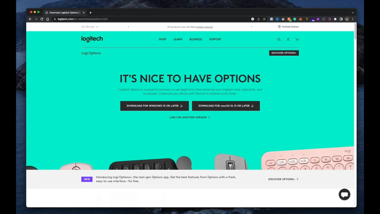 Logitech website showing the Logi Options download page with buttons for Windows and macOS