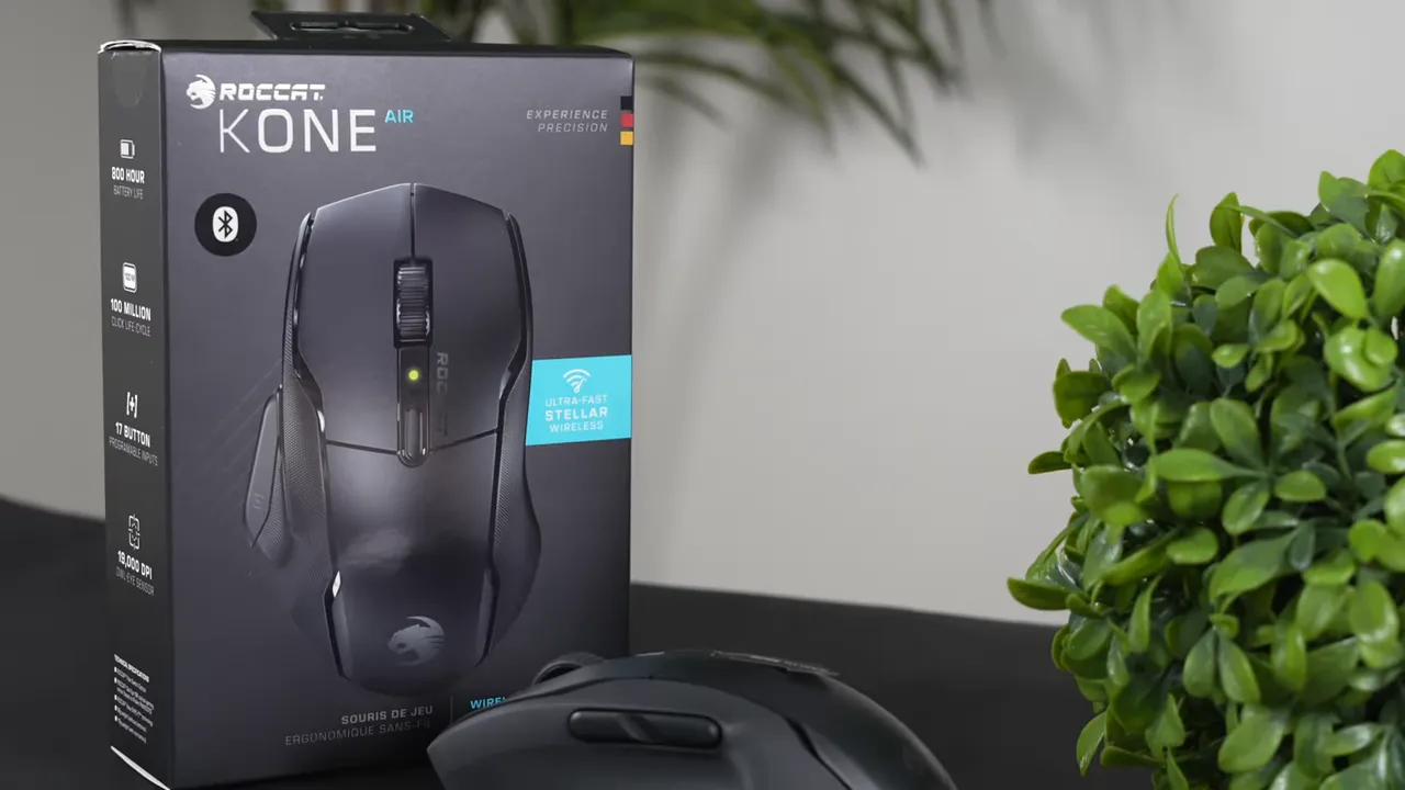 Roccat Kone Air boxed packaging with the mouse on a desk