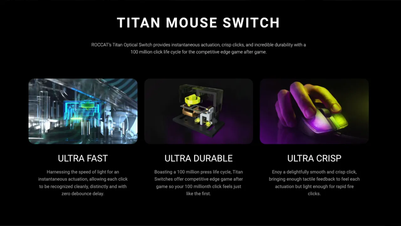 Roccat Titan mouse switch banner showing ultra fast, ultra durable, and ultra crisp features