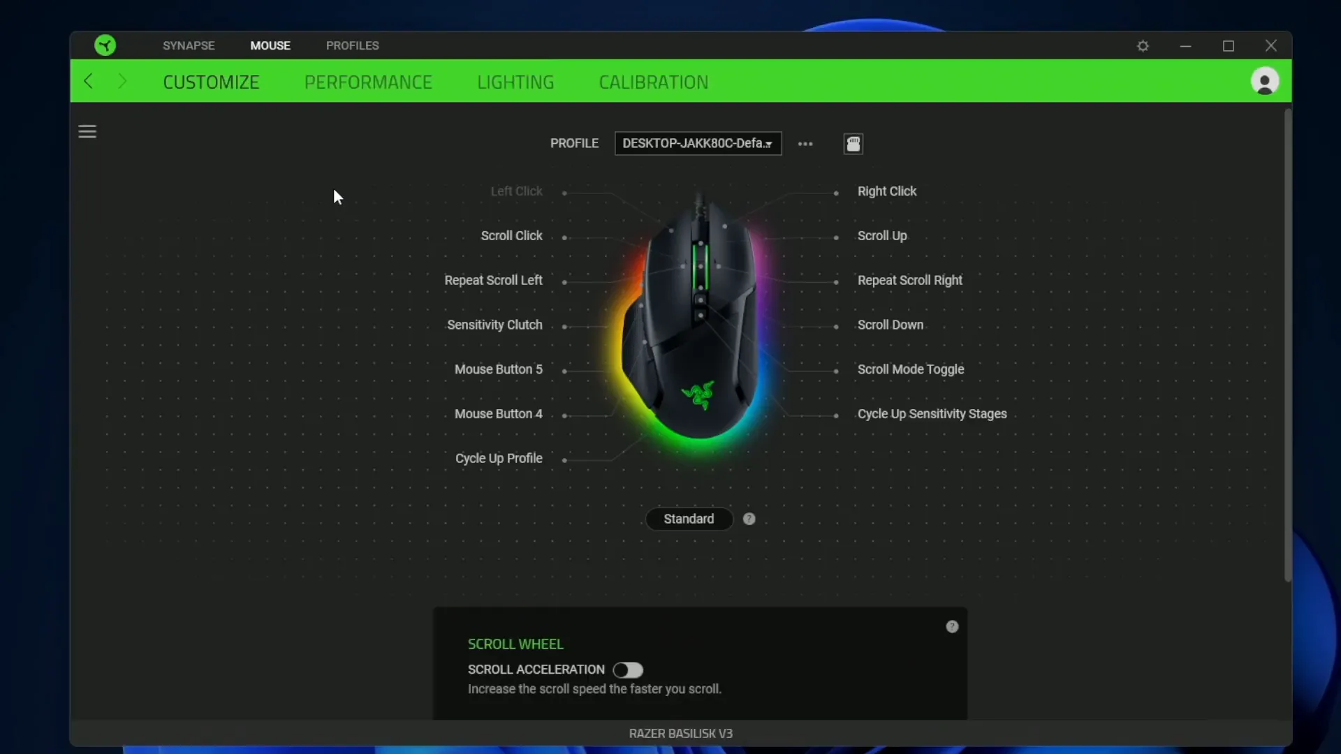 Razer Synapse customization interface