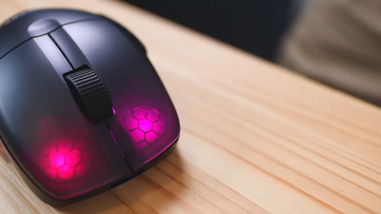 Close-up of Roccat Kone Pro Air scroll wheel and translucent hexagon RGB lighting