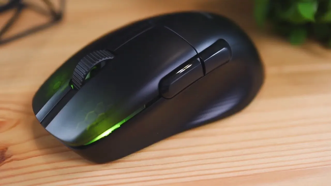 Roccat Kone Pro Air full side profile with visible thumb buttons textured side and scroll wheel