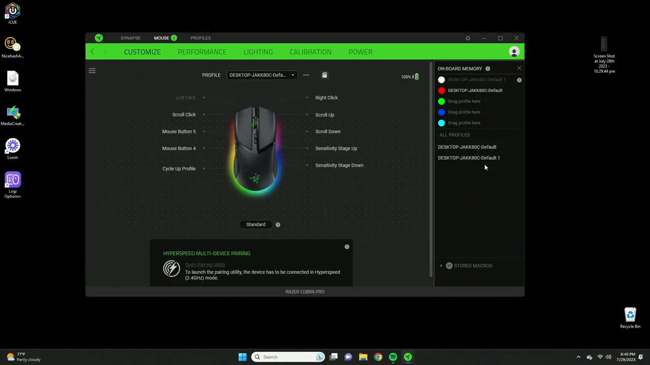 Screenshot showing onboard profile slots in software for the Cobra Pro