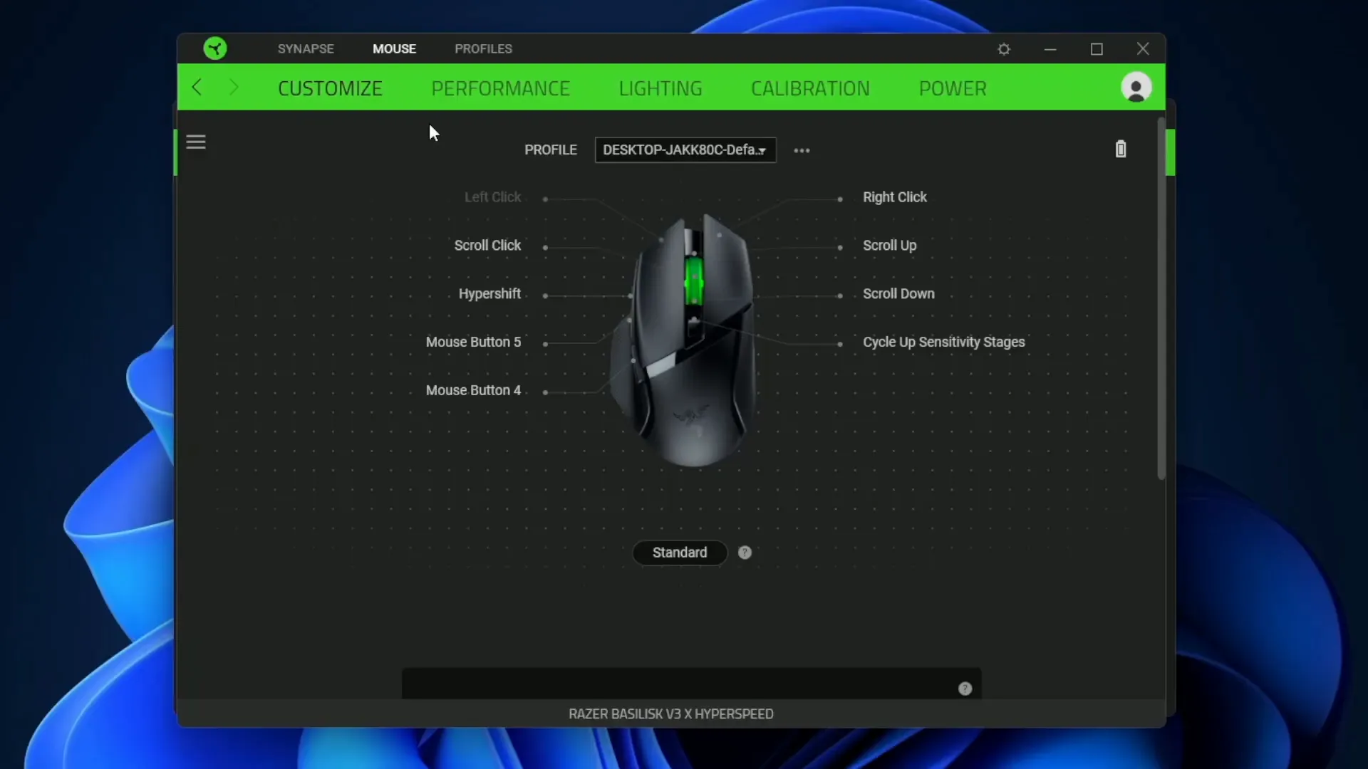 Customization options available in Razer Synapse software