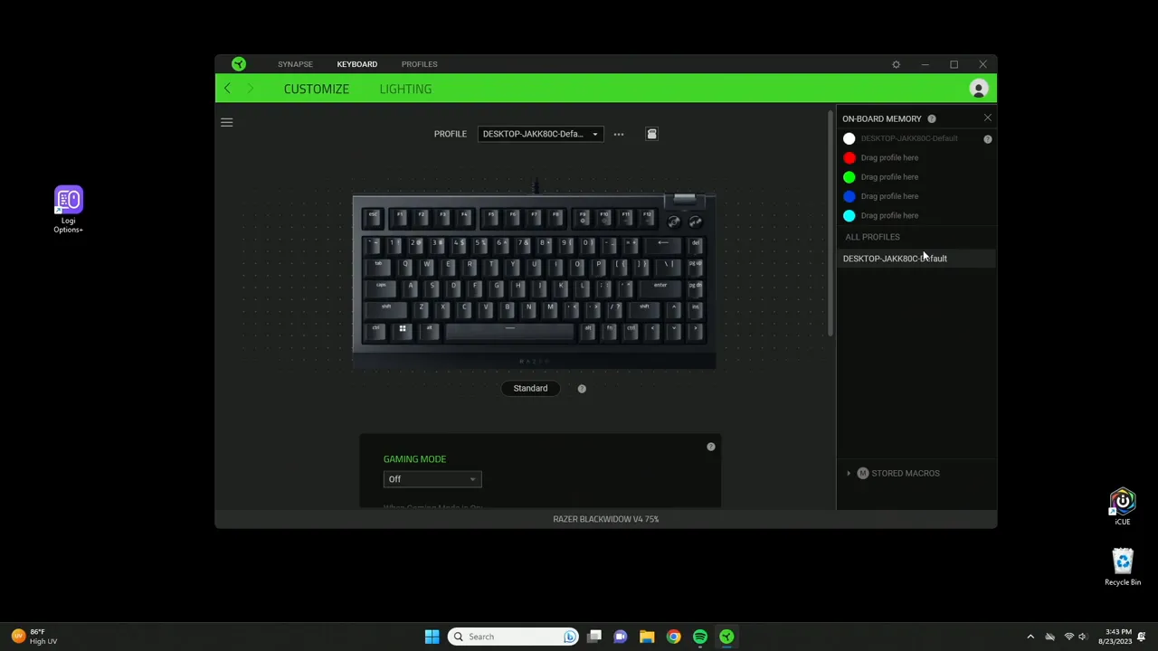 Razer Synapse welcome screen with profiles across the top