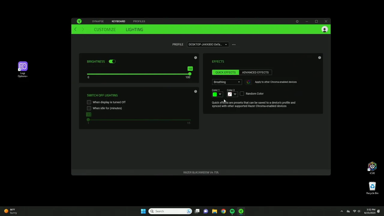 Lighting tab with breathing effect between green and blue