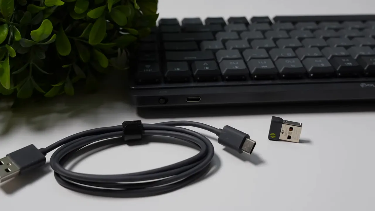 USB-C cable coiled on a desk next to a small USB wireless dongle and a compact keyboard