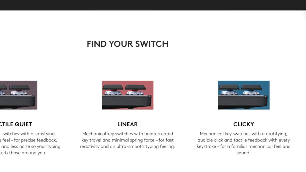 Infographic showing three mechanical switch types labeled tactile, linear and clicky