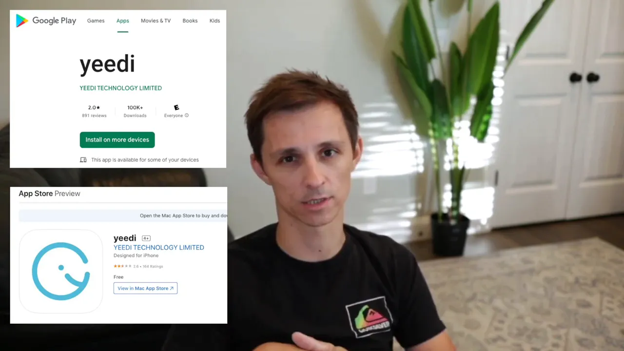 Screenshots of Yeedi app pages in Google Play and App Store overlaid next to the presenter.