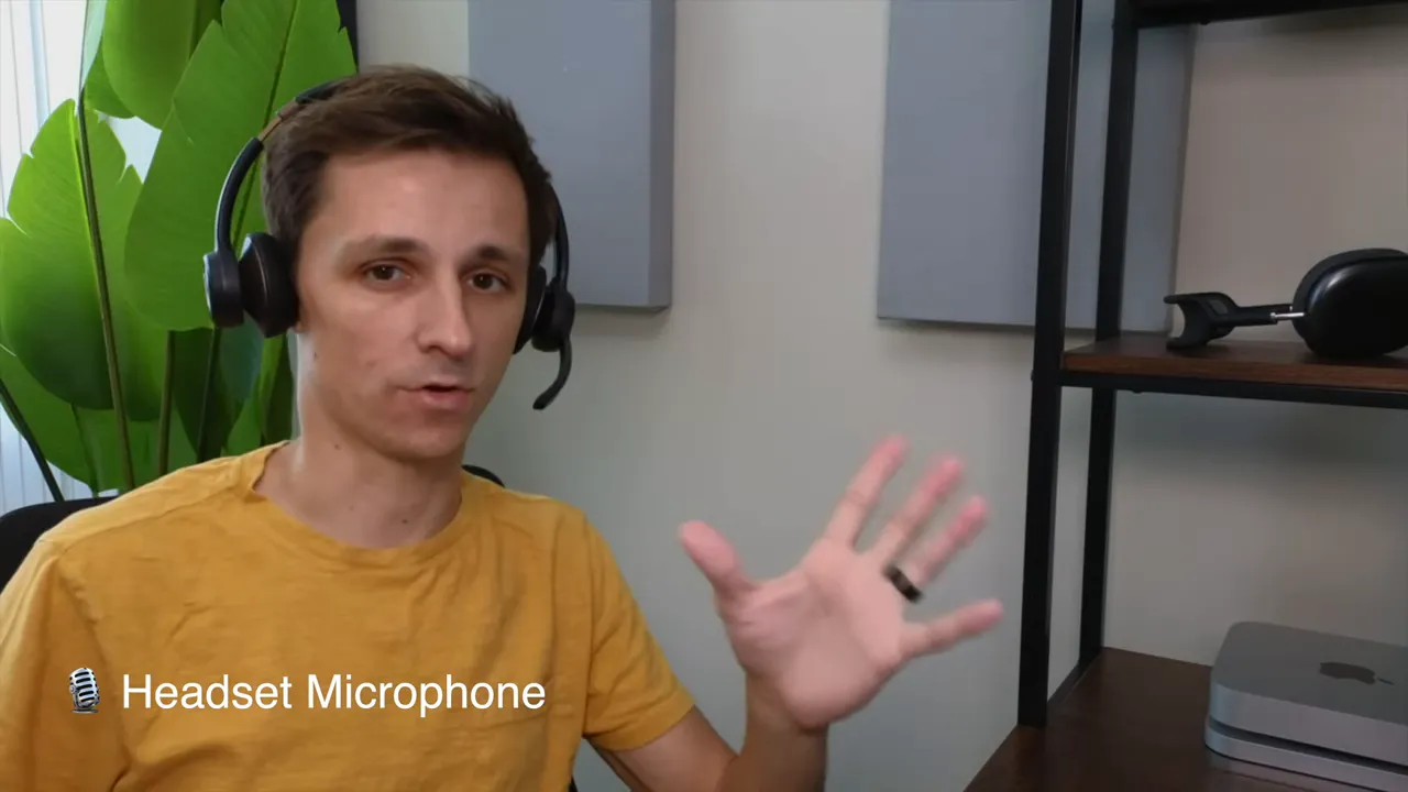 Reviewer wearing NUROUM HP30 headset with boom microphone visible and hand gesture, on-screen text 'Headset Microphone'.