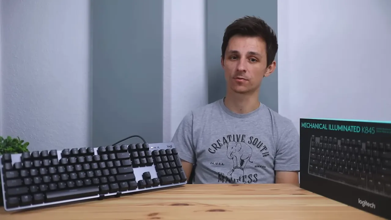 Clear view of Logitech K845 mechanical keyboard and retail box on desk with presenter