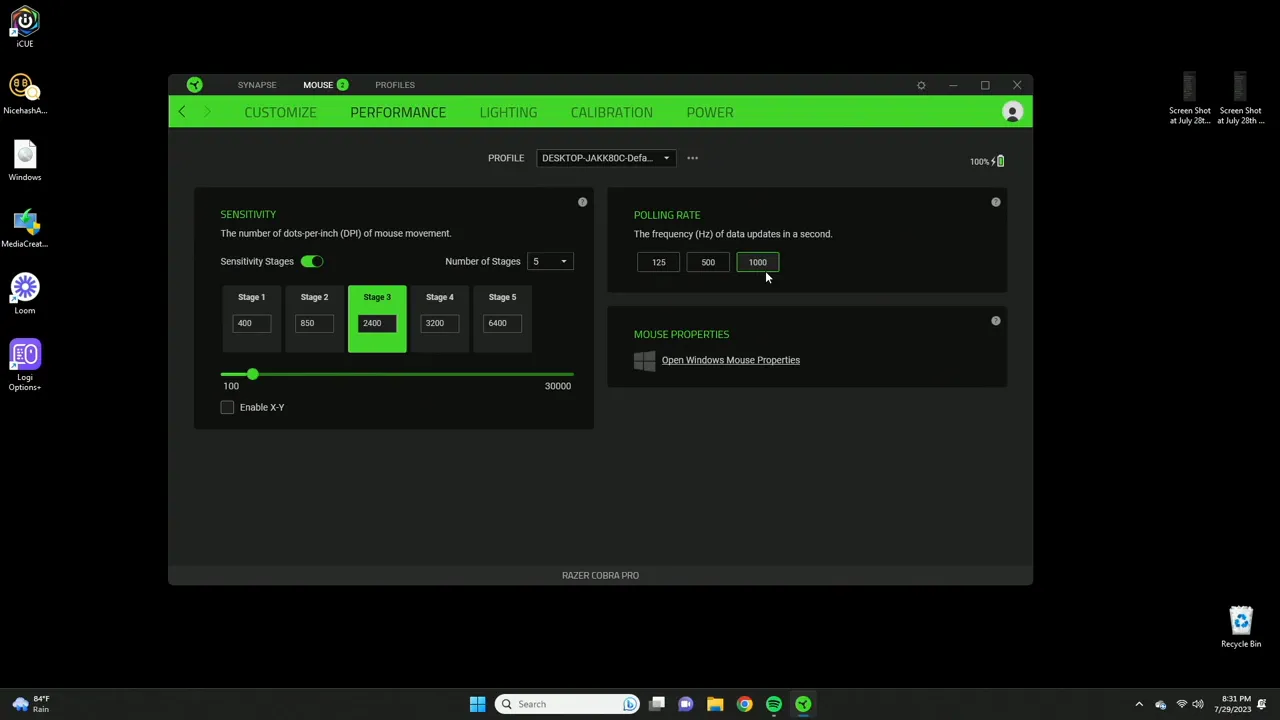 Performance tab showing DPI levels and polling rate options
