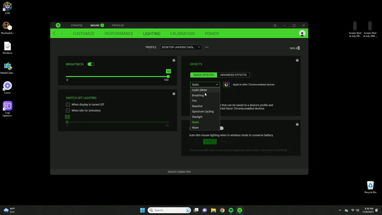 Software lighting settings screen showing available Chroma effects