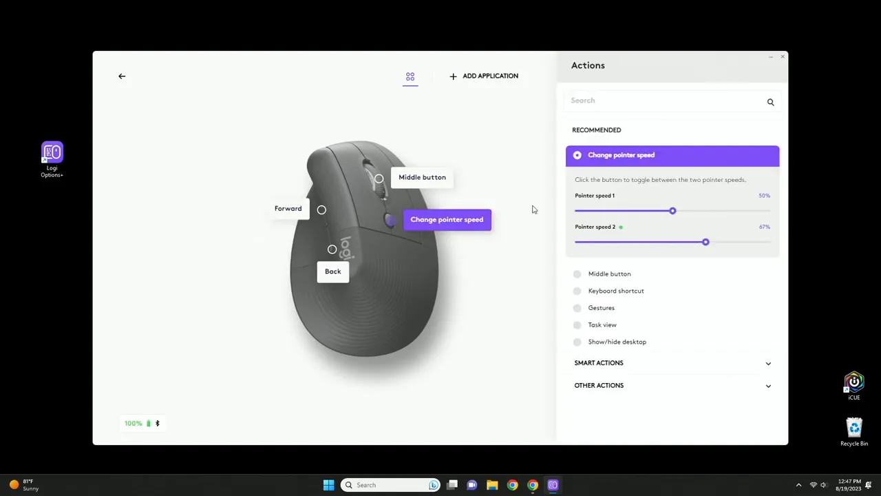 Logi Options+ interface showing button customization and pointer speed