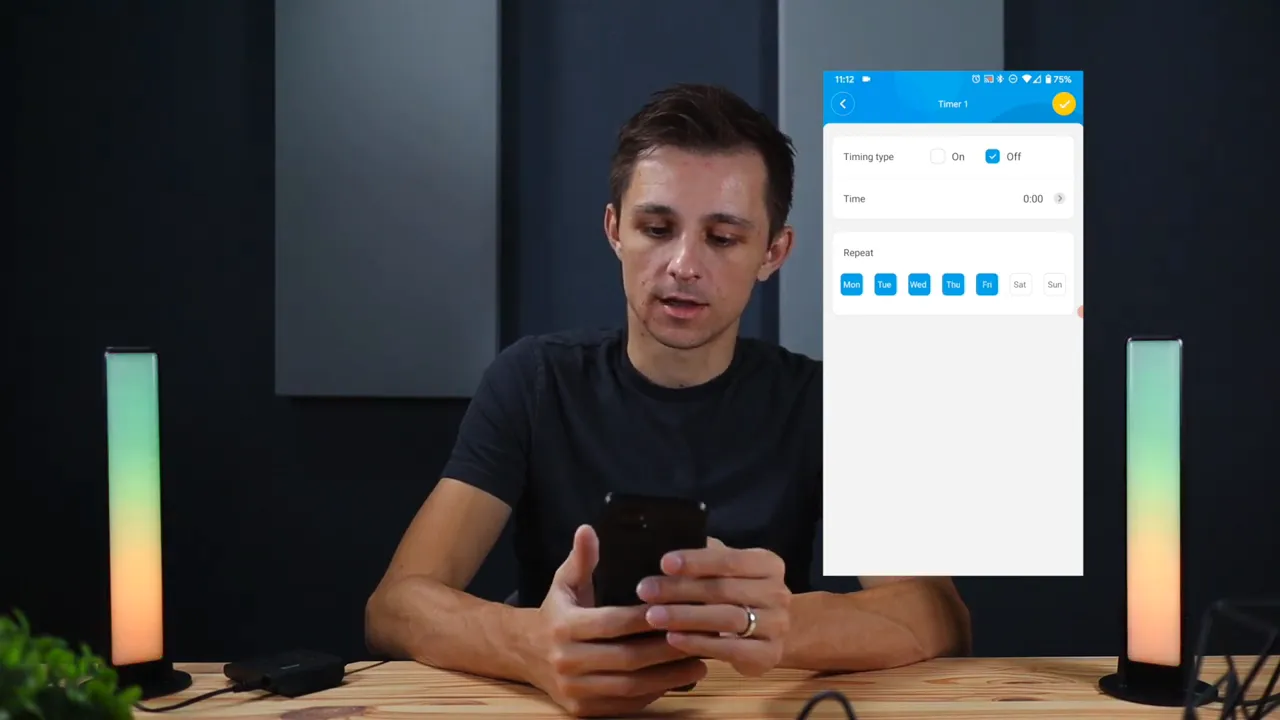 Govee Home app timer repeat settings with multiple weekdays selected, overlaid on a demo with two LED light bars showing color gradients