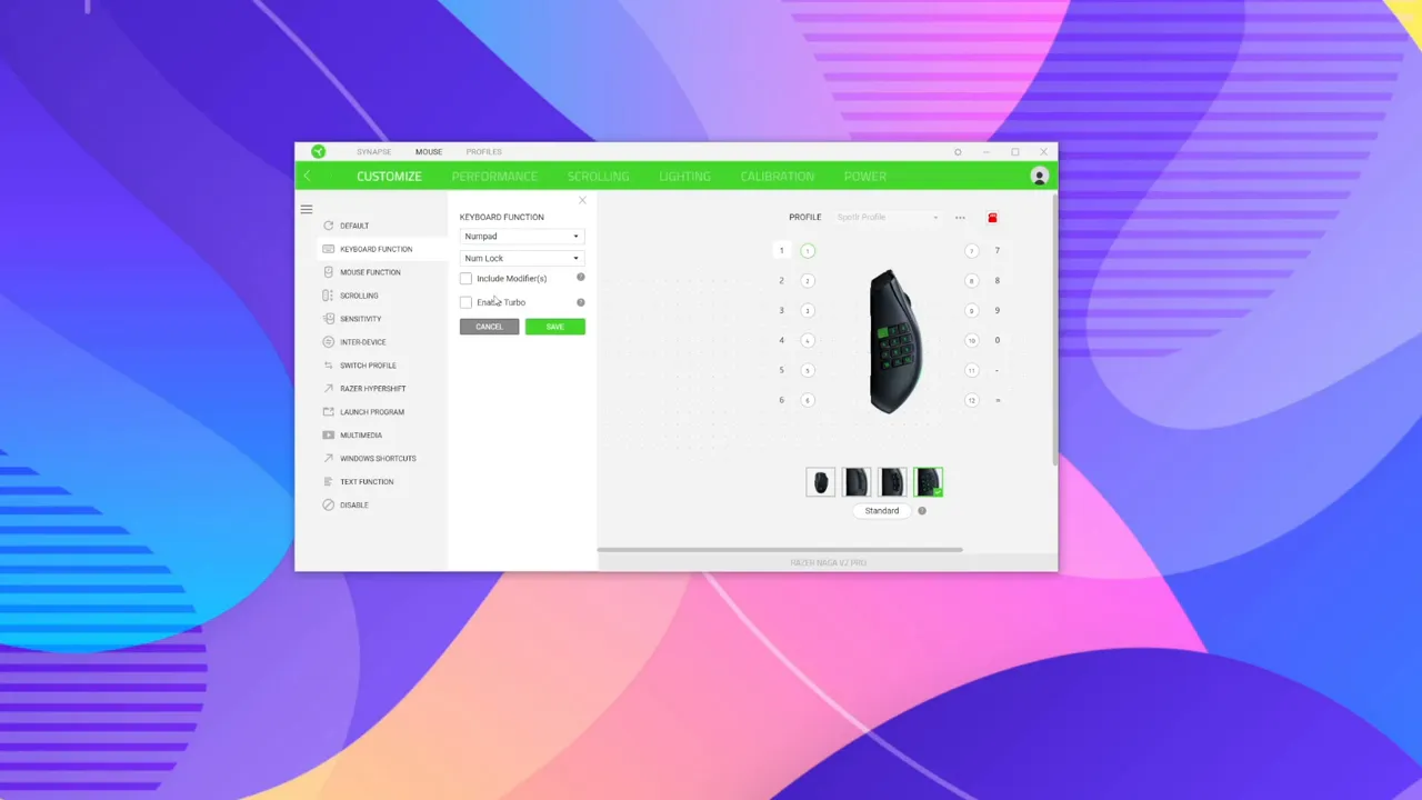 Razer Synapse keyboard function set to Numpad showing Include Modifiers and Enable Turbo options