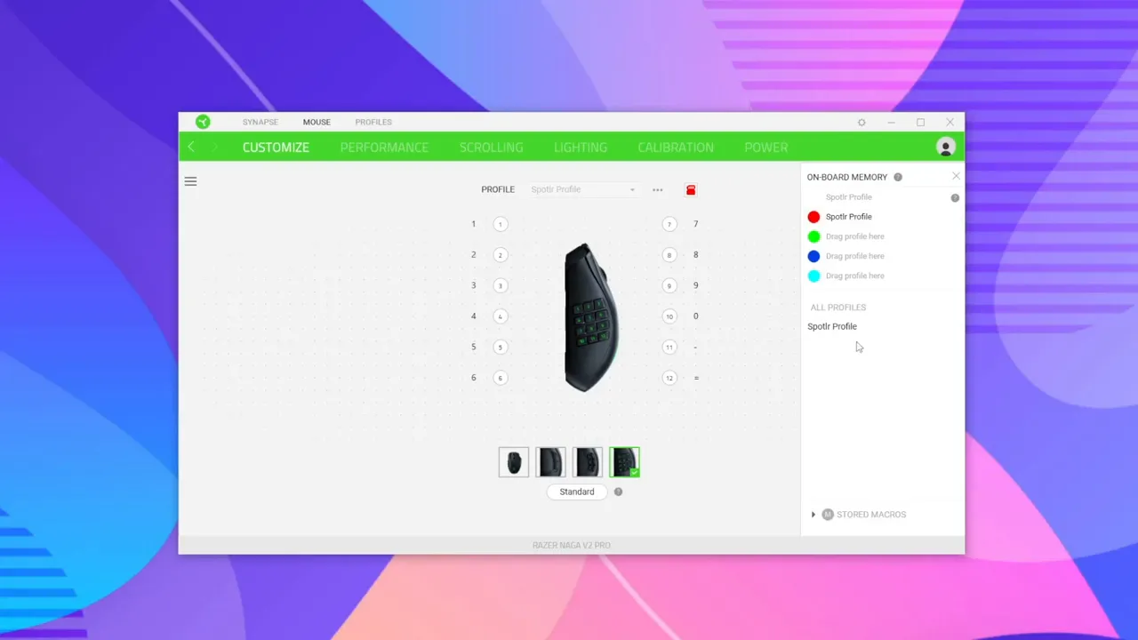 Clear screenshot of Razer Synapse profiles and on‑board memory pane for the Naga V2 Pro