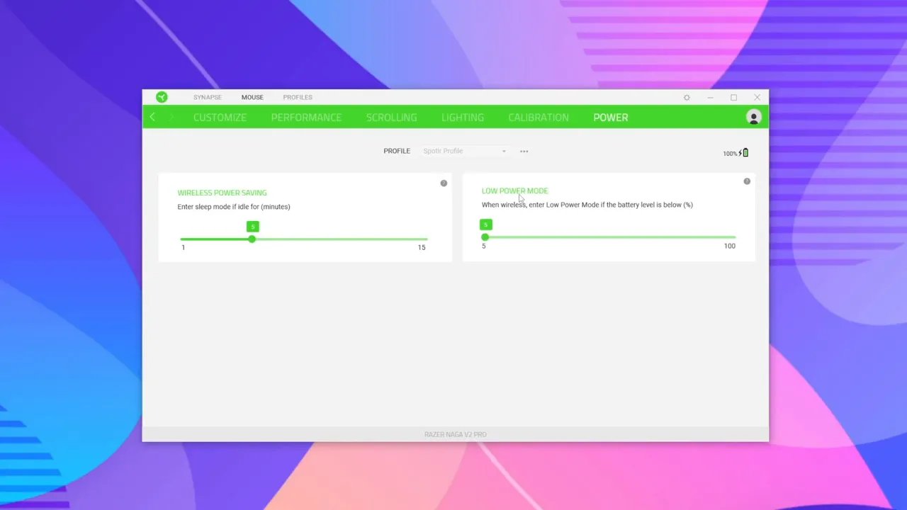 Razer Synapse Power tab clearly showing wireless power saving and low power mode controls