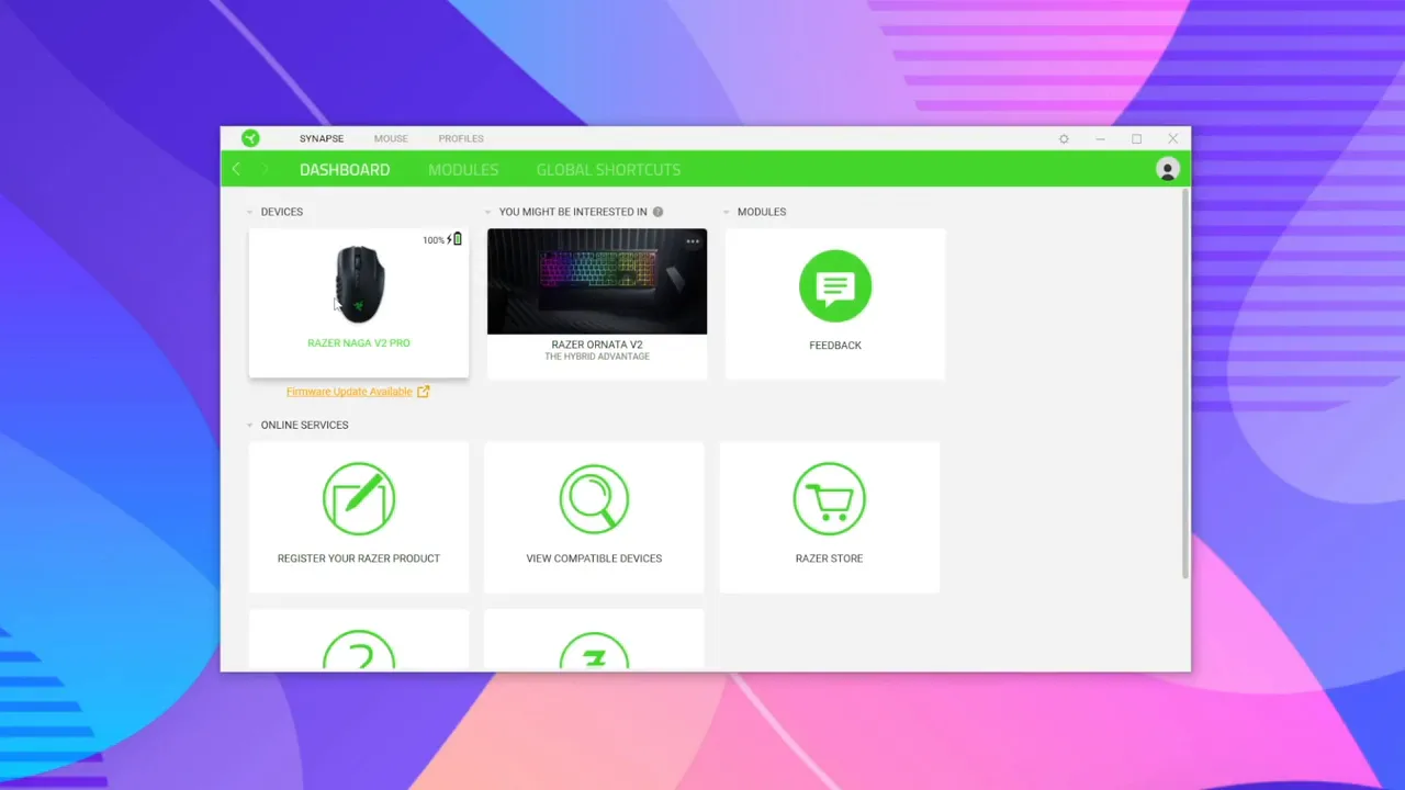 Razer Synapse dashboard with Razer Naga V2 Pro device tile highlighted, showing product name and battery icon
