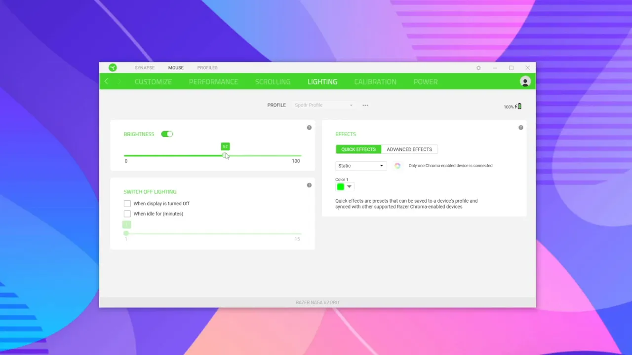 Razer Synapse lighting tab showing brightness slider, quick effects panel and battery indicator