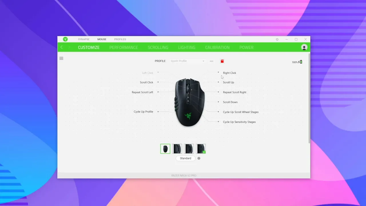 Razer Synapse customize screen with Naga V2 Pro in center and labeled button assignments on left and right