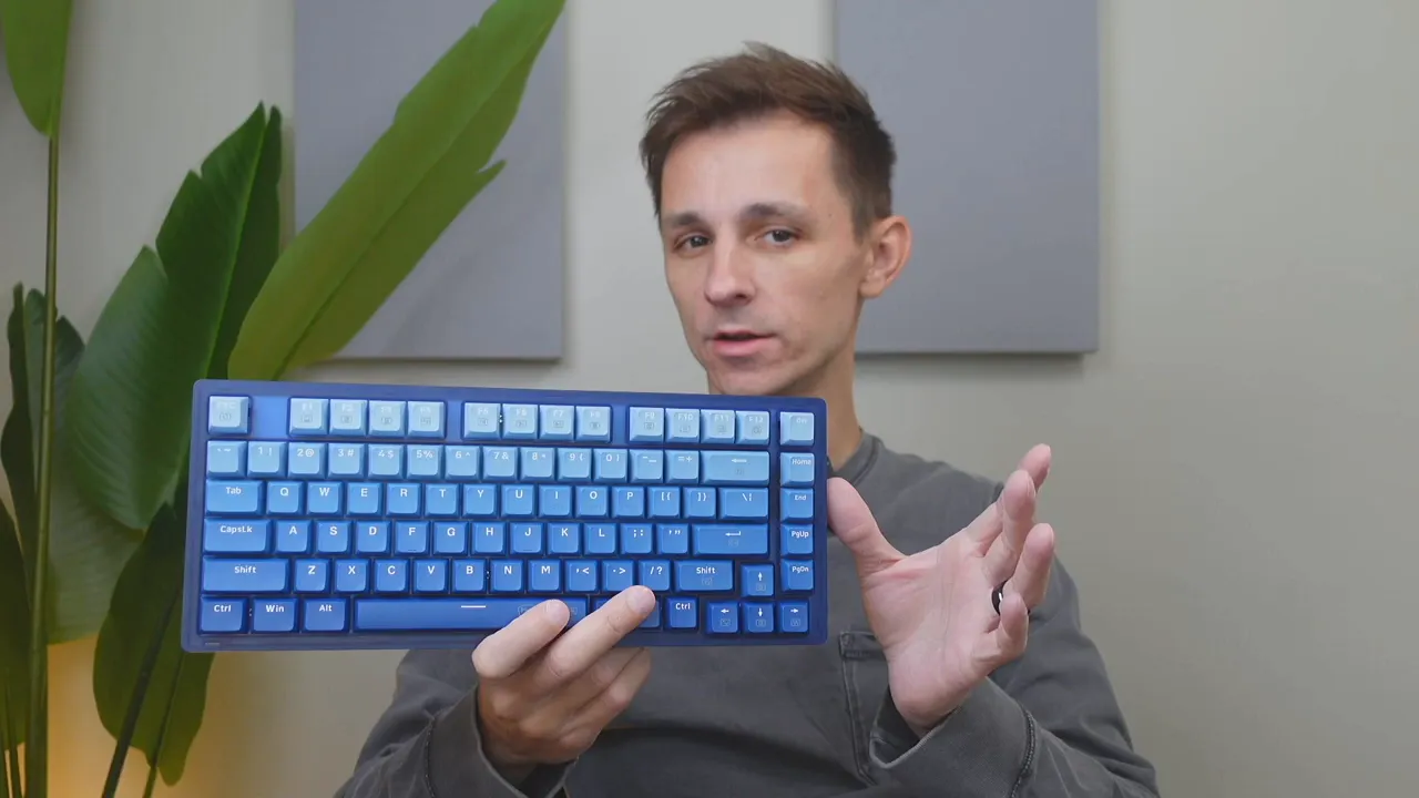 RisoPhy TKL 75% mechanical keyboard with gradient blue keycaps held in hands to show compact layout