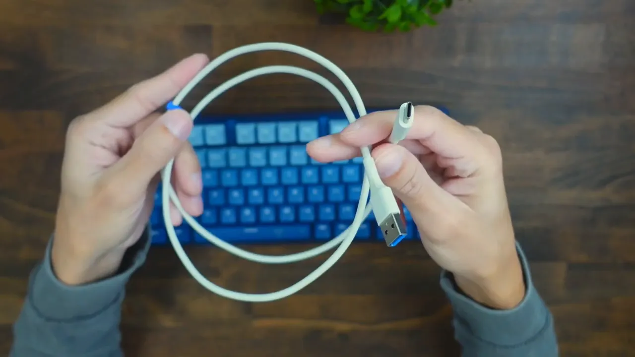 Detachable USB‑C to USB‑A cable held above the RisoPhy TKL 75% keyboard