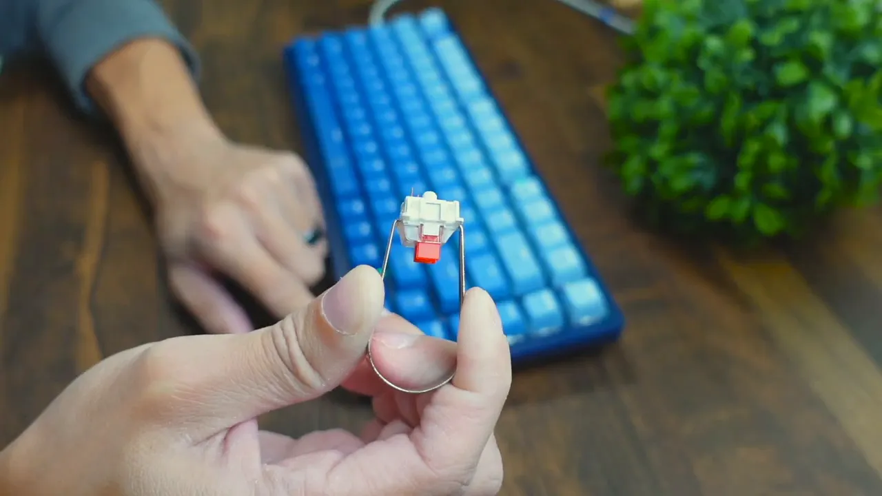 Hand holding a mechanical switch with a switch puller in front of a RisoPhy TKL 75% gradient blue keyboard