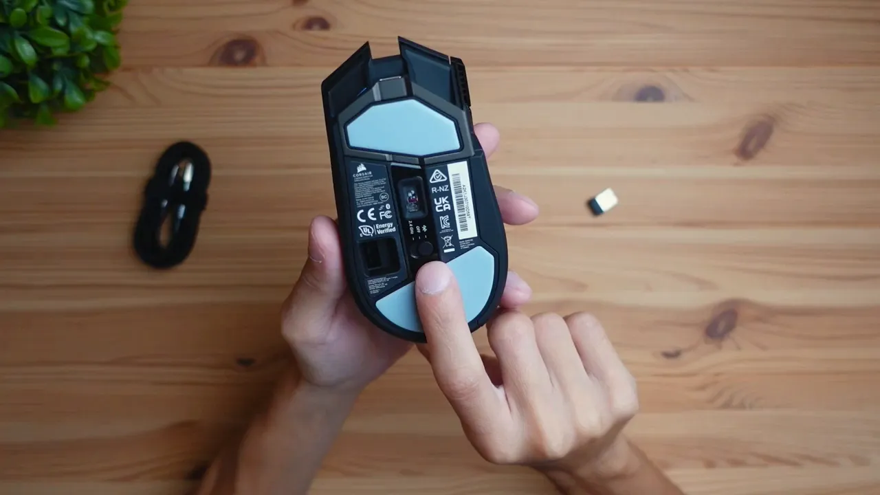 Bottom of mouse with wireless mode slider for Bluetooth and 2.4 GHz