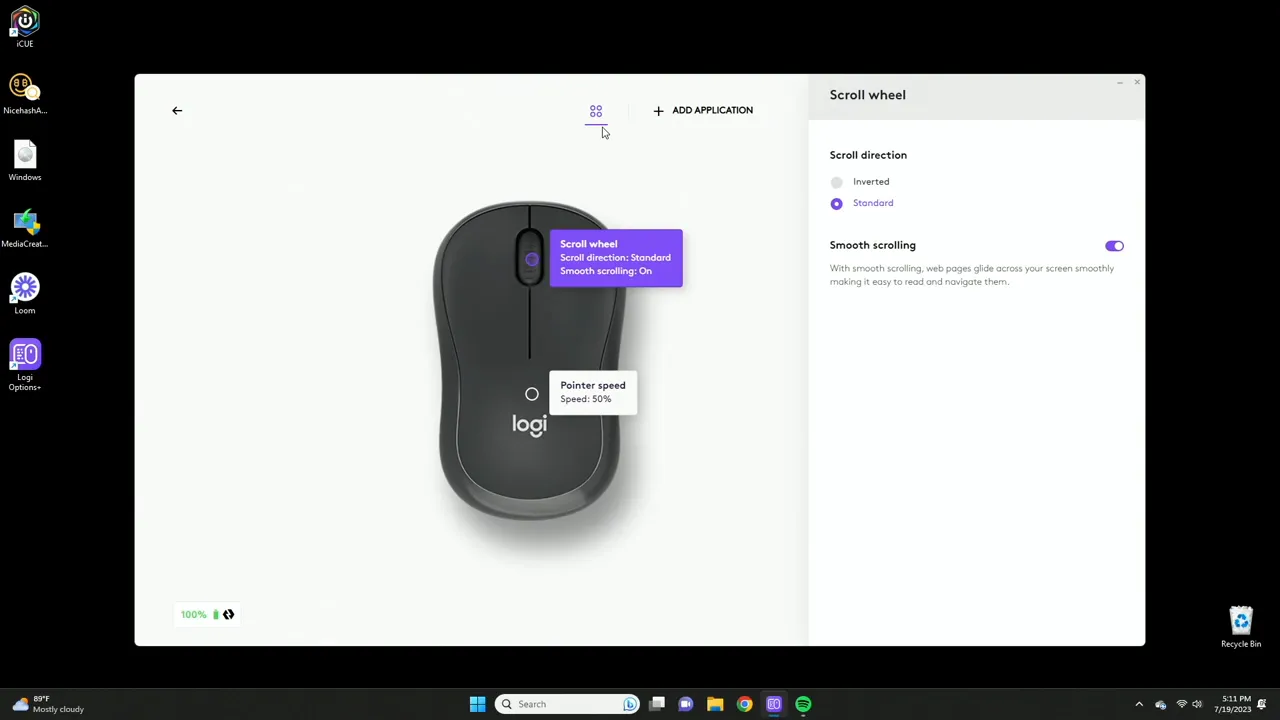 Logi Options+ software showing mouse customization