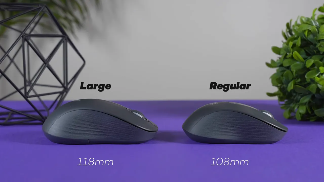 Large and regular Logitech Signature M550 mice side-by-side with labels and measurements showing 118mm and 108mm lengths.