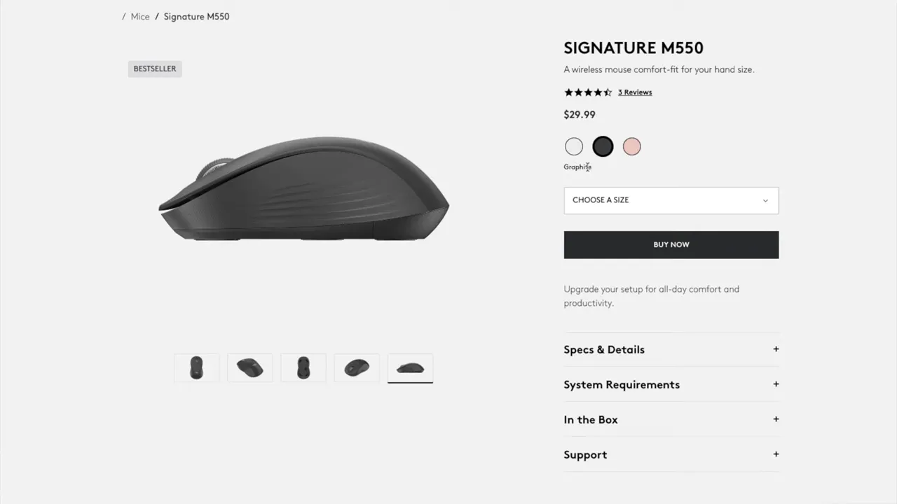 Logitech Signature M550 product page showing the graphite color option, color swatches, price and size selector
