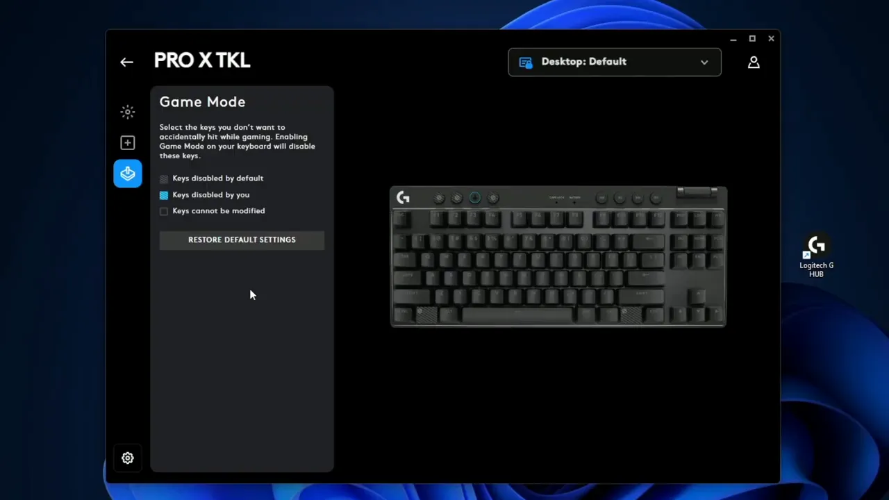 Game Mode toggle highlighted in G HUB