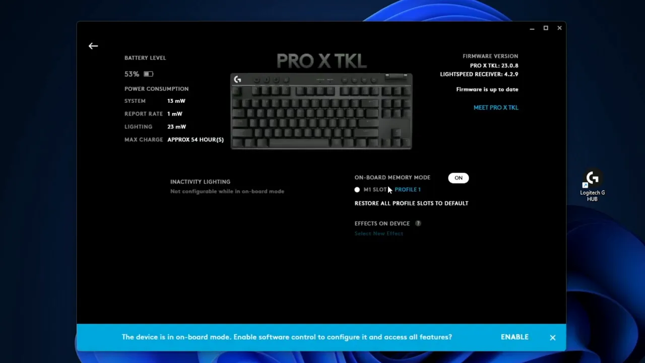Onboard memory slots and settings menu in G HUB