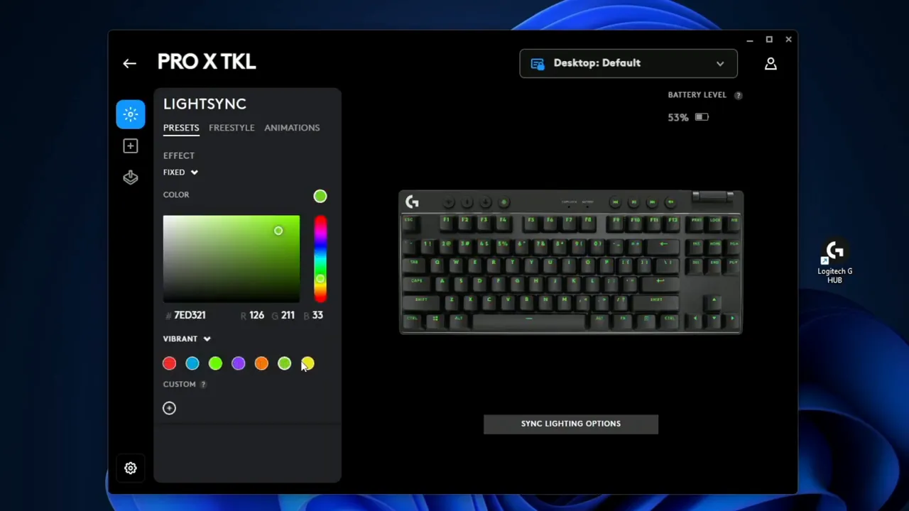 Selecting a fixed green color for keyboard lighting