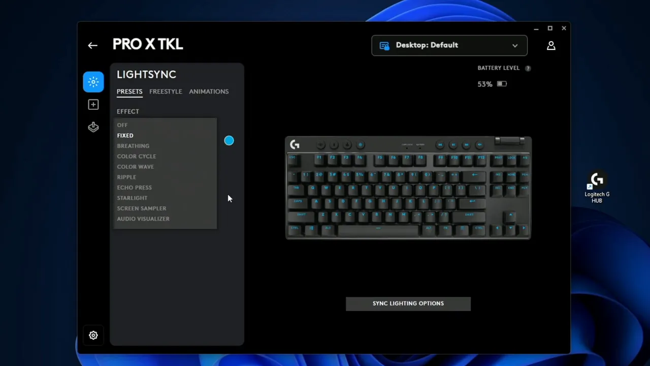 LightSync tab open in G HUB with presets visible