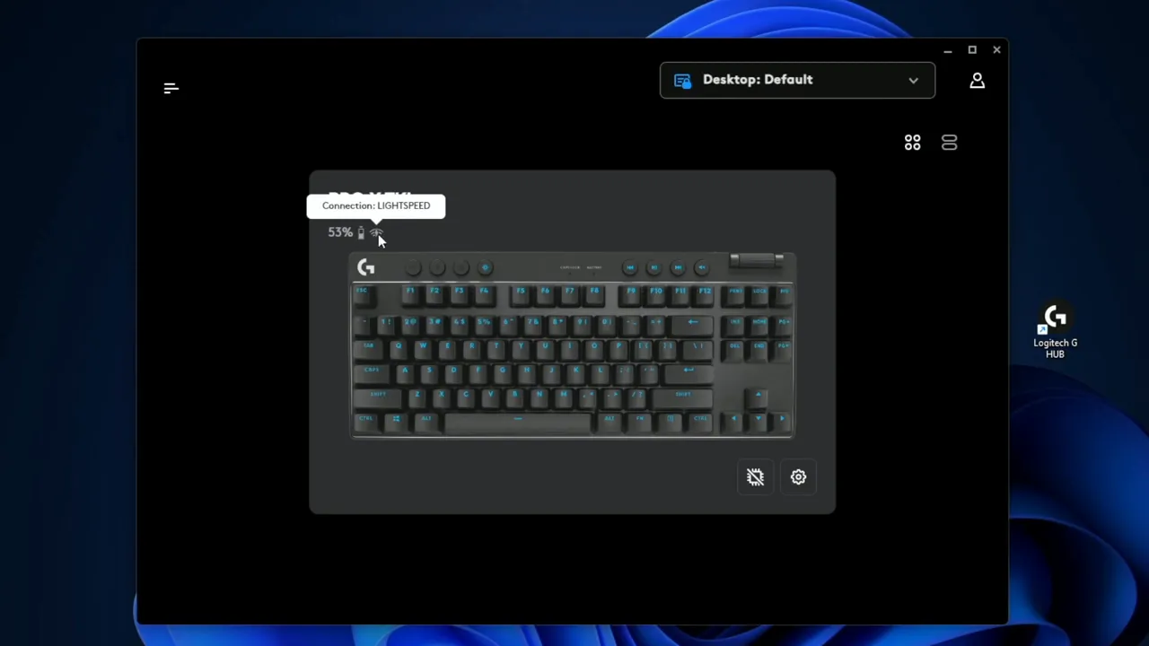 G HUB main screen showing keyboard, battery life and connection type
