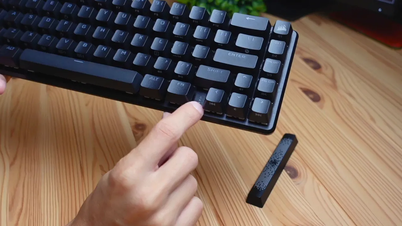 Aluminum top plate close-up on the Corsair K65 Pro Mini