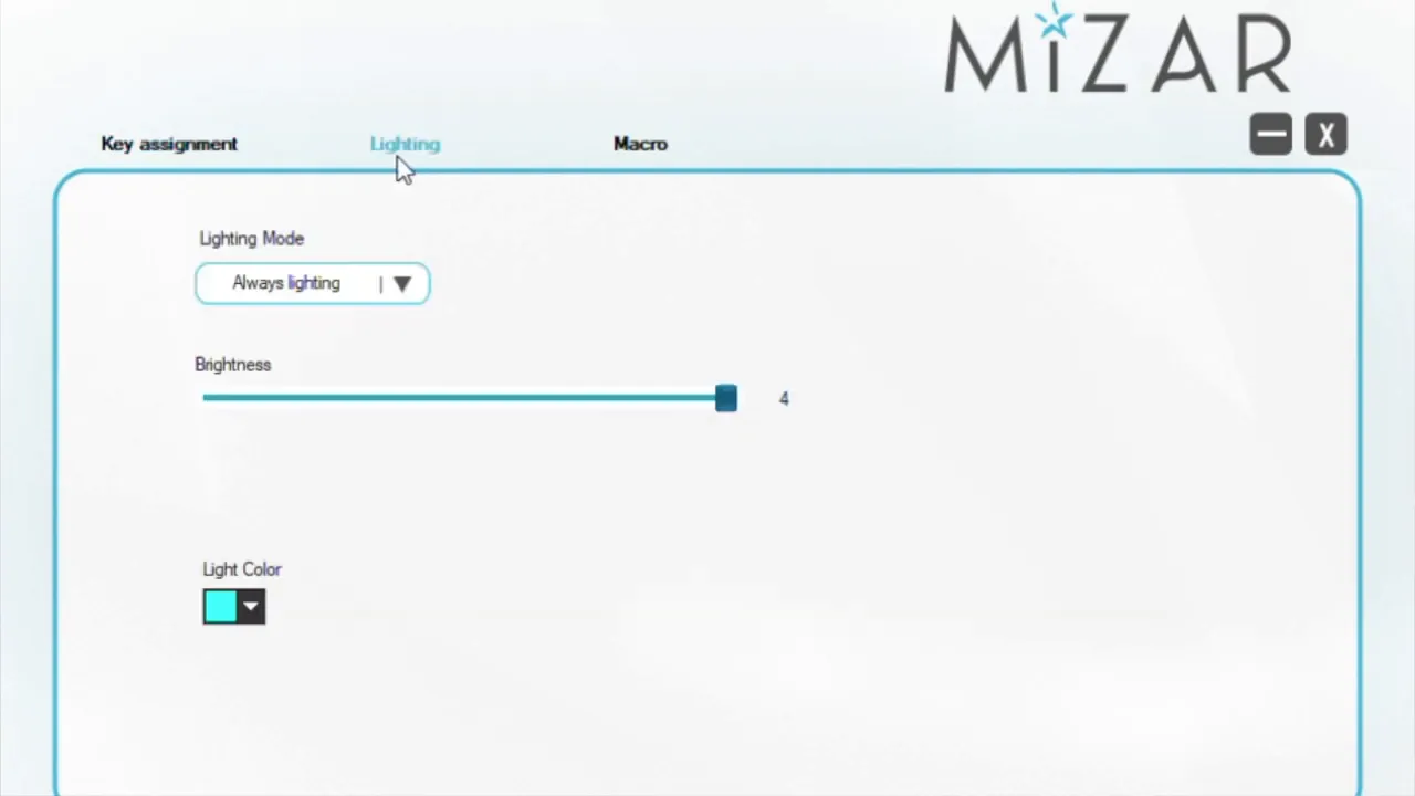 MiZAR keyboard software lighting settings screen with mode, brightness, and light color controls